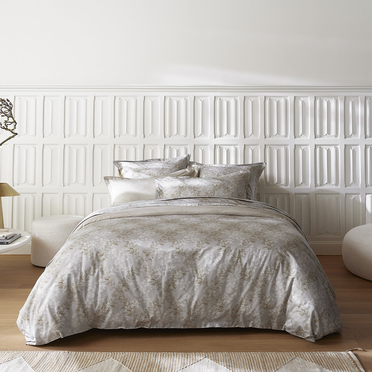 Housse de couette imprimée en satin de coton, ROCAILLE, Gris Brume