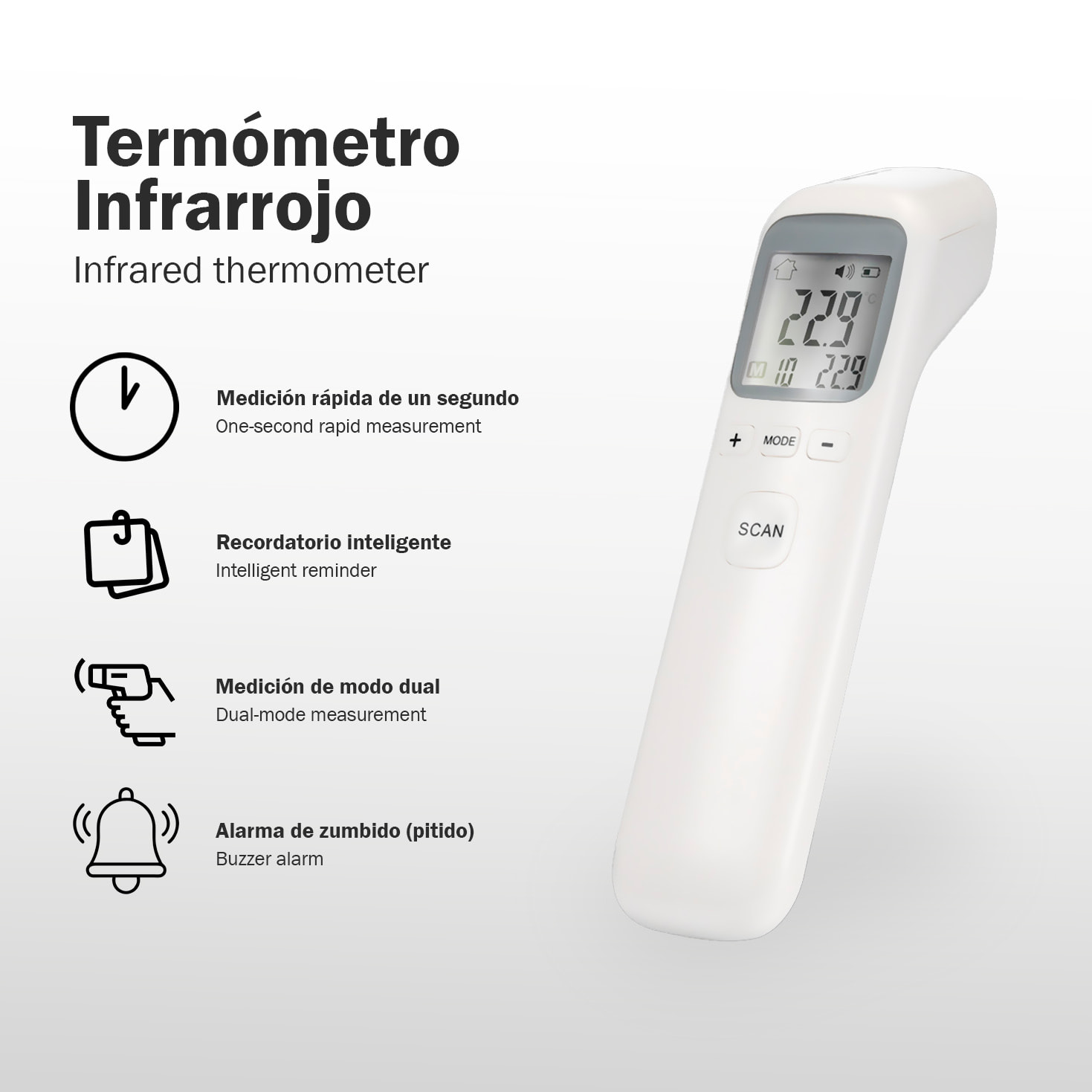 Termómetro frontal infrarrojo CK-T1803 con medición rápida en 0,5 segundos y alta precisión. Modos de temperatura corporal y de superficies con pantalla LCD, memoria de registros y apagado automático.