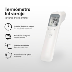 Termómetro frontal infrarrojo CK-T1803 con medición rápida en 0,5 segundos y alta precisión. Modos de temperatura corporal y de superficies con pantalla LCD, memoria de registros y apagado automático.