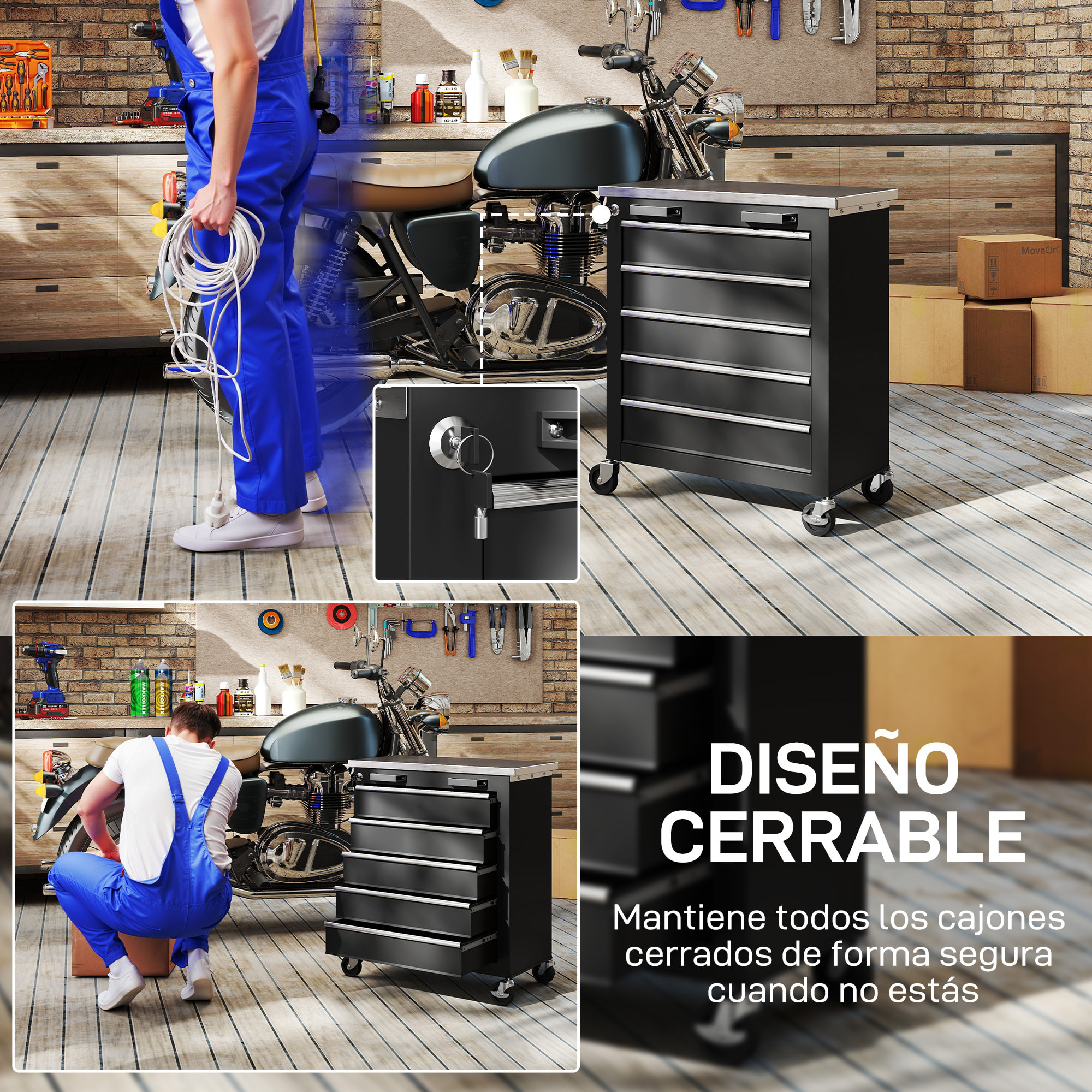 Carro de Herramientas con 5 Cajones y Cerradura, Carro de Taller con Ruedas con Freno y Encimera de Acero Inoxidable, Caja de Herramientas con Conectores Laterales, para Garaje, Negro y Plata