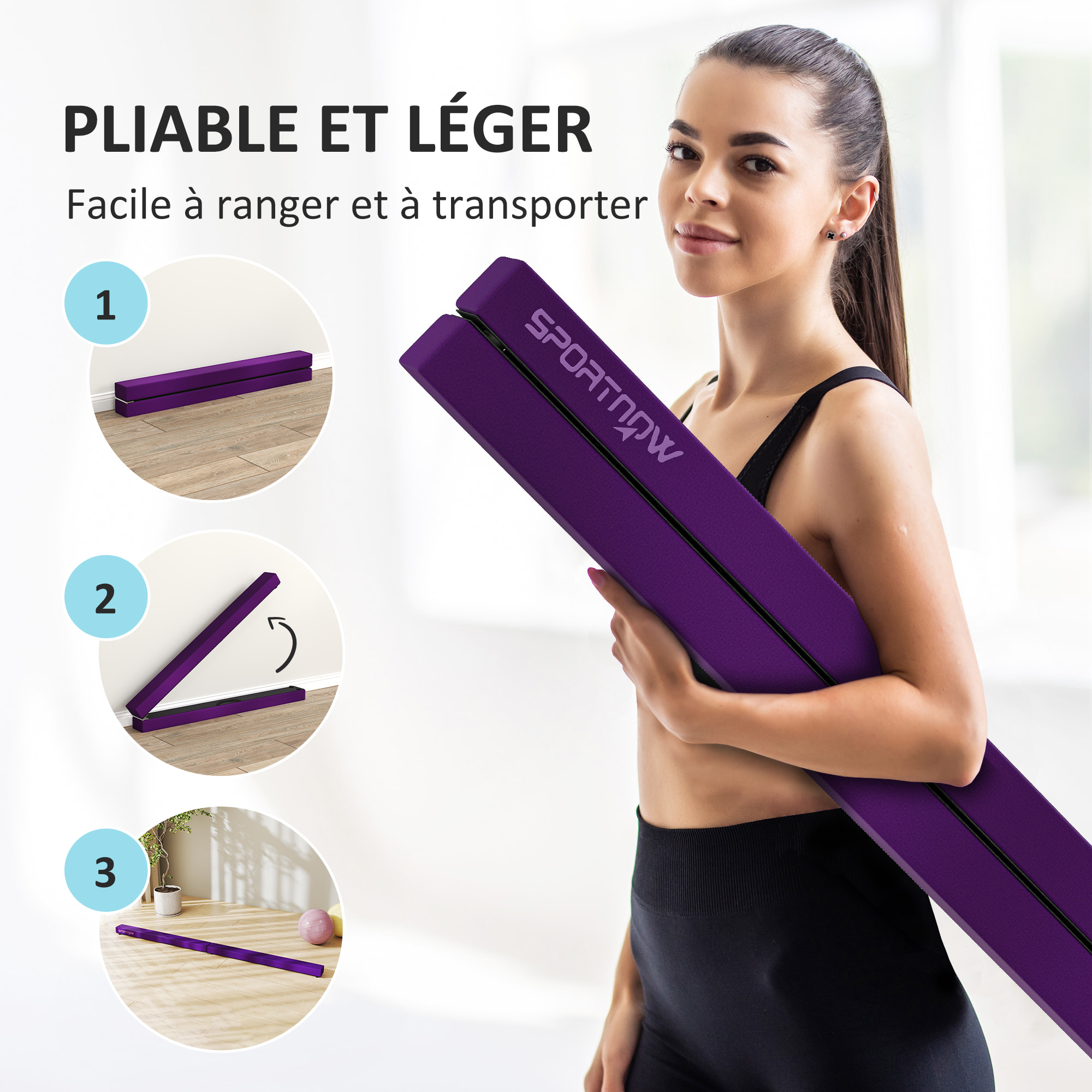 Poutre gymnastique pliable 210 cm - poutre d'équilibre antidérapante - bois de pin revêtement flanelle violet