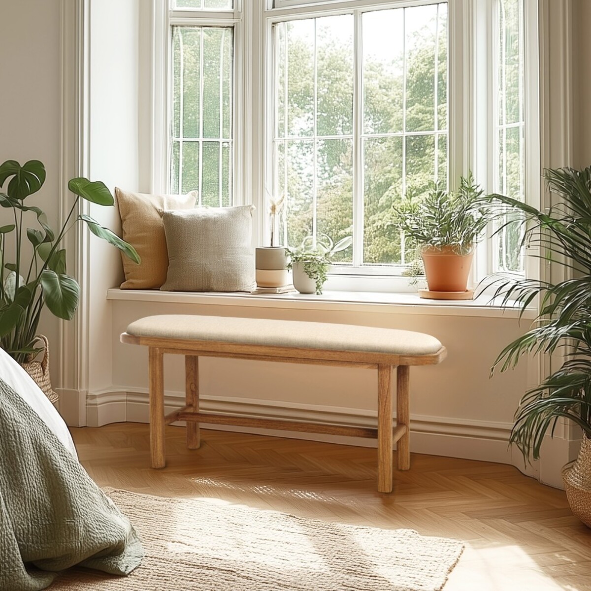 AMY - Banc 1 place avec coussin beige en bois de mindi et rotin