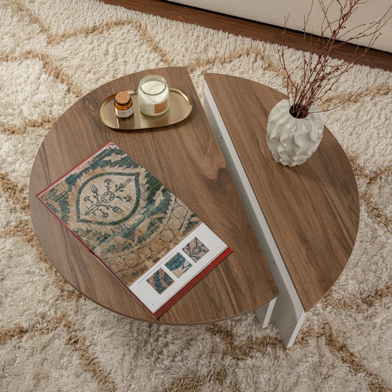 BONY Table basse ronde podium bois noyer et blanc 90cm