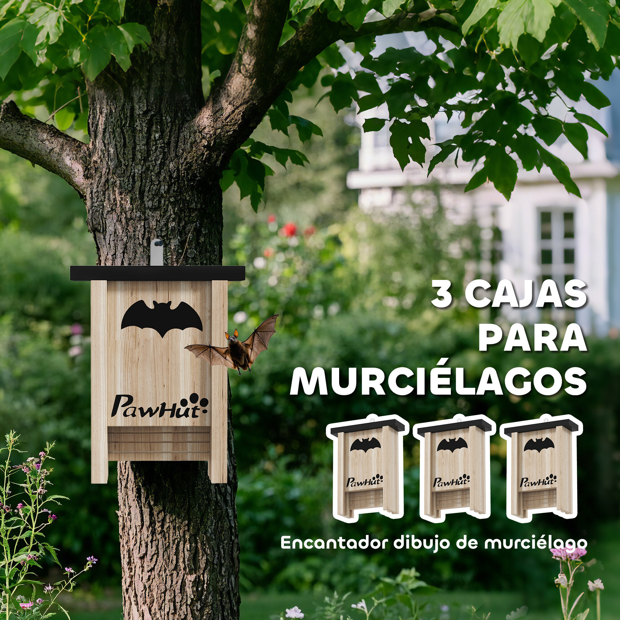 Pack de 3 Casas para Murciélagos de Madera Maciza, Cajas para Murciélagos, Resistente a la Intemperie, para Exterior, Jardín, Huerto o Granja, con Plataforma de Aterrizaje, Fácil de Colgar