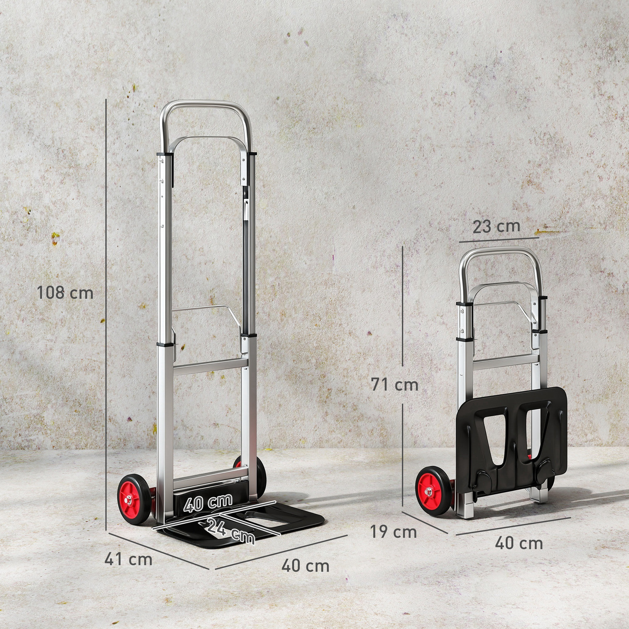 Carretilla Plegable de Aluminio con Mango Telescópico Ajustable, Carga 90 kg, Carretilla de Mano con Ruedas, para Garaje, Oficina, Equipaje, Viajes, Mudanzas y Compras, Plata y Negro