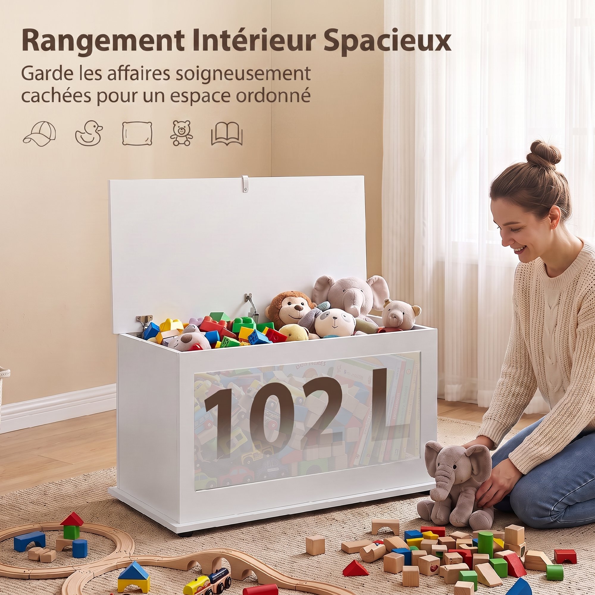 Coffre malle de rangement coffre à jouets dim. 80L x 40l x 45H cm blanc