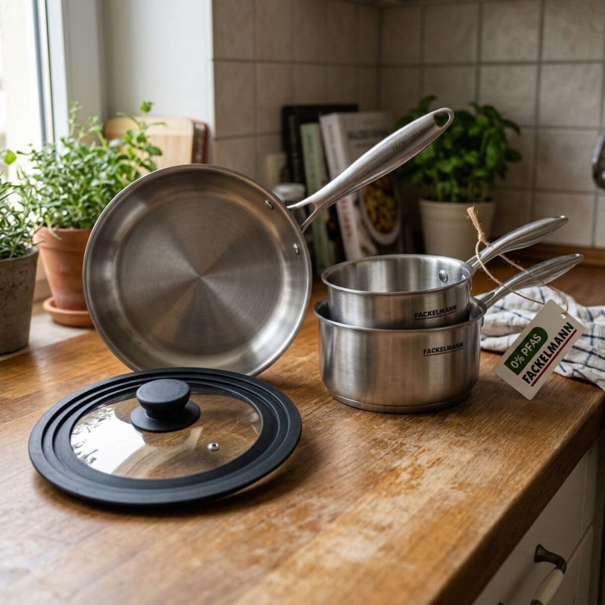 Set poêle à Frire et Casseroles en inox 18/10 Triply et couvercle Fackelmann Vita3