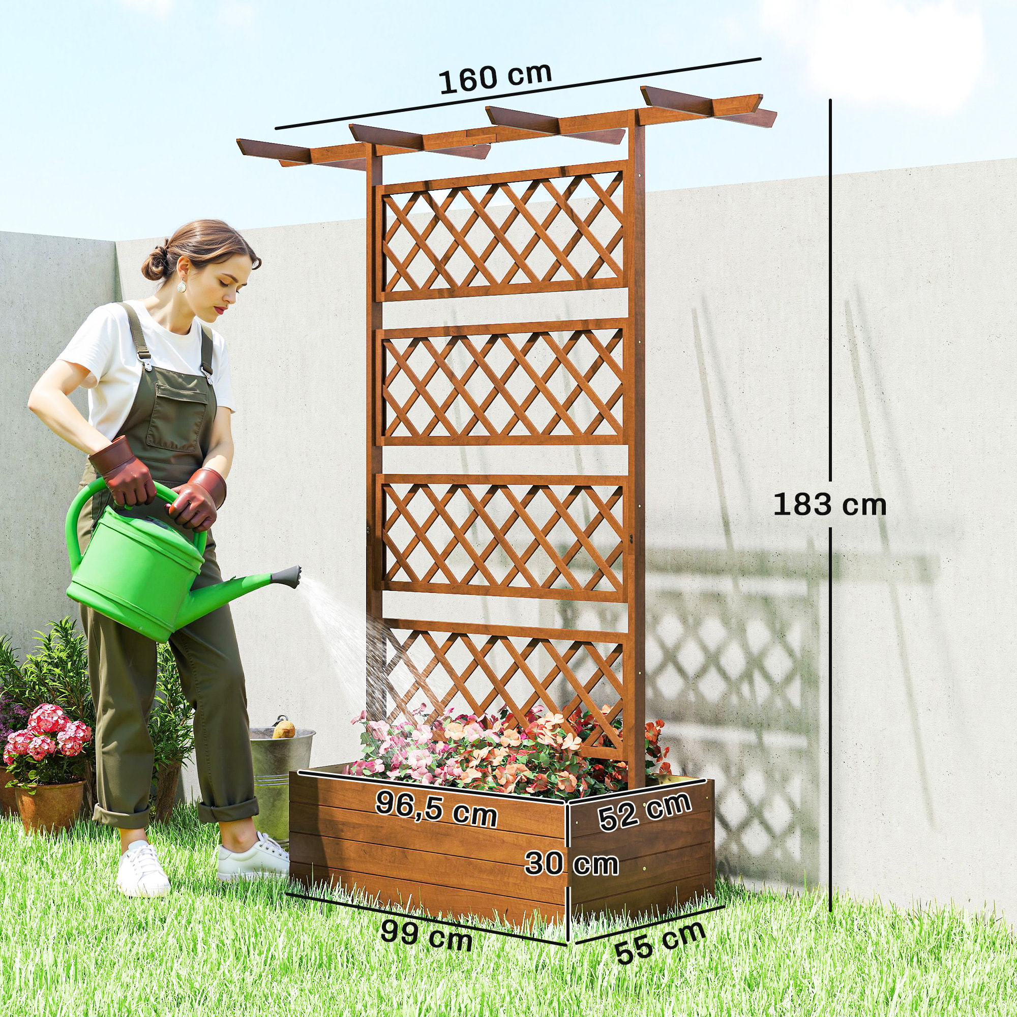 Jardinière treillis haut central avec poutres bois verni