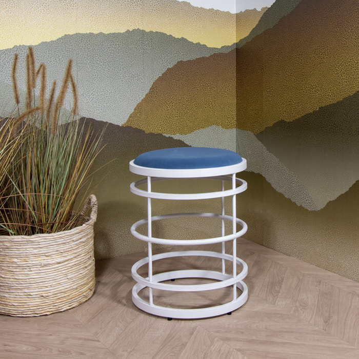 Tabouret en métal blanc et assise en velours bleu  TOMMY