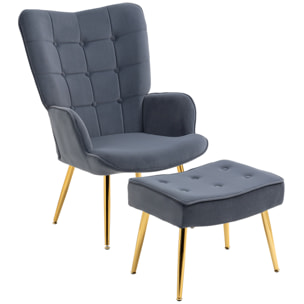 Fauteuil design à oreilles avec repose-pieds métal doré velours gris