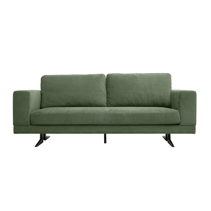 Canapé design 3 places en tissu chenille vert kaki et métal noir LENNON