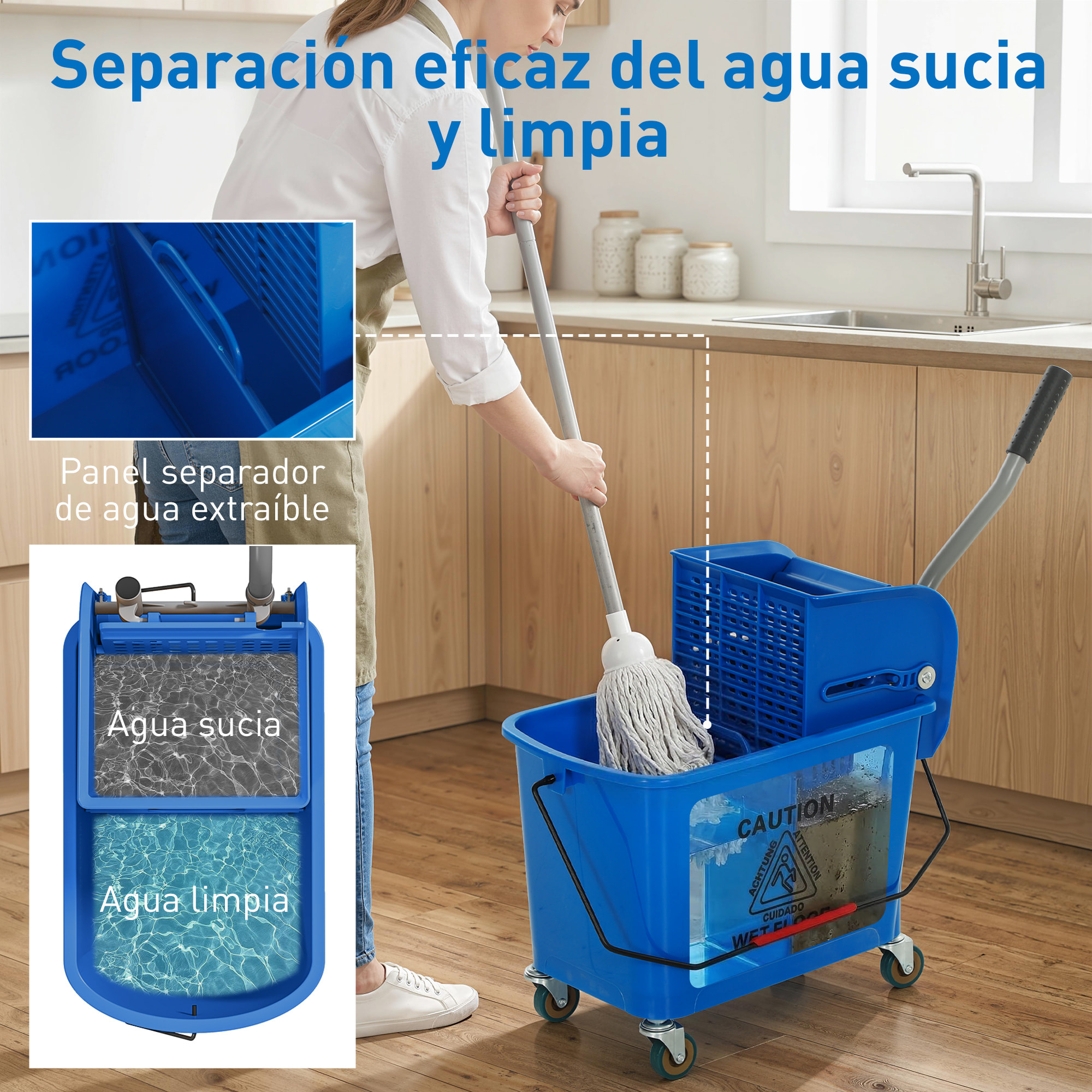 Cubo de Fregona con Ruedas Capacidad de 20 L Cubo de Fregar con Sistema de Escurridor Mopa y Asa de Transporte para Doméstico y Comercial Azul