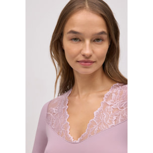 T-shirt elasticizzata a maniche lunghe con pizzo lilla