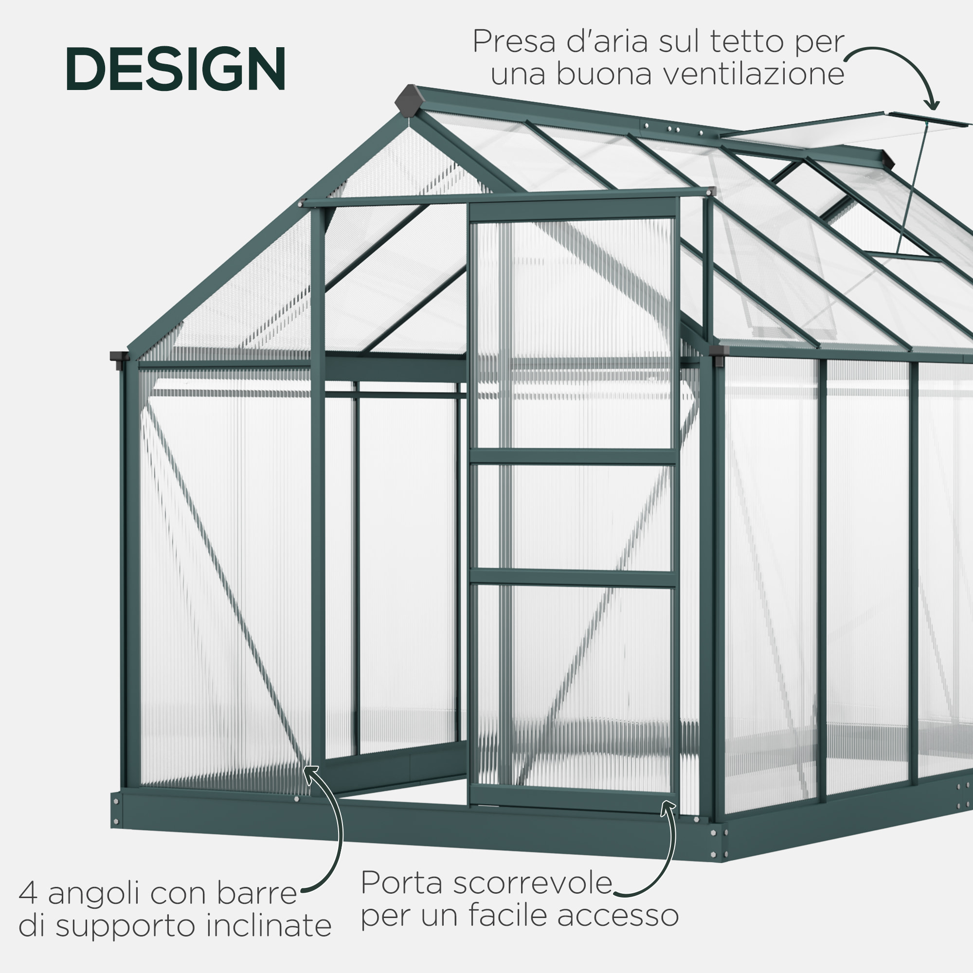 Outsunny Serra da Giardino in Policarbonato Anti UV 190x312x201cm con Finestra e Porta Scorrevole, in Alluminio