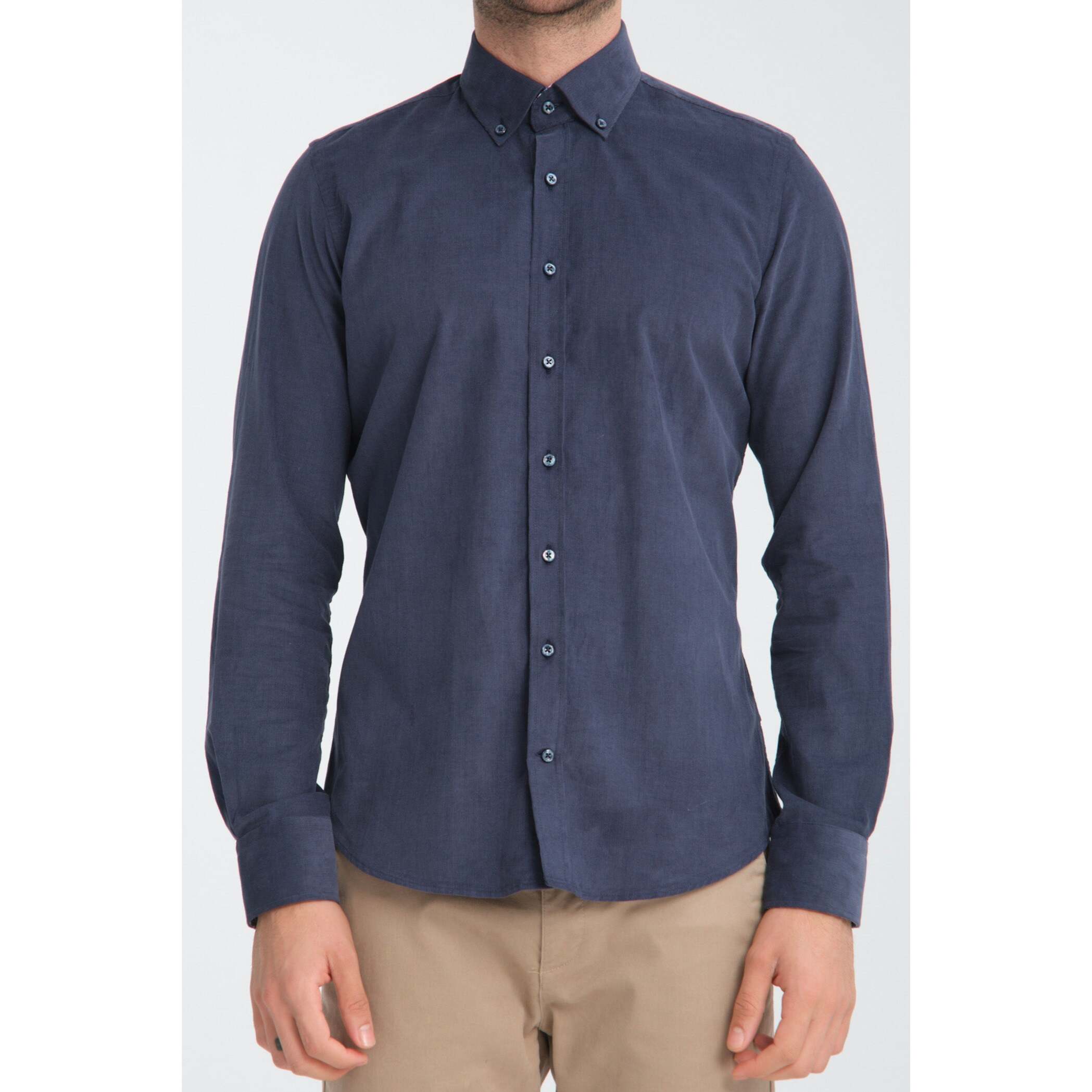 camicia uomo 1 bottone button down slim VELLUTO Unito Blu