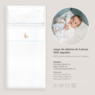 Triptico Cuna Estampado Oso Luna Estrellas + Broche Bco/Azul