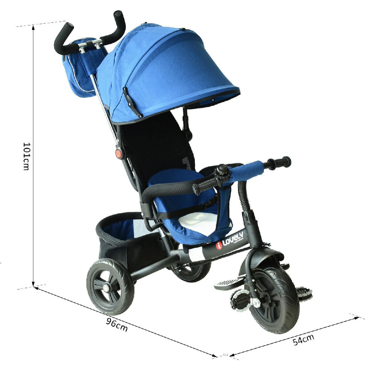 Tricycle enfants évolutif canne  et pare-soleil pliable amovible sacoche et panier 96 x 54l x 101 cm acier bleu