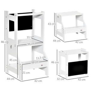 Torre de Aprendizaje para Niños 3-6 Años de Madera Taburete de Cocina Infantil Convertible en Escritorio con Pizarra Pedal y Barra de Seguridad para Baño 42x44x86 cm Blanco