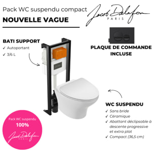 Pack WC suspendu sans bride compact Nouvelle vague+ bâti-support + plaque Noir brillant/Noir mat