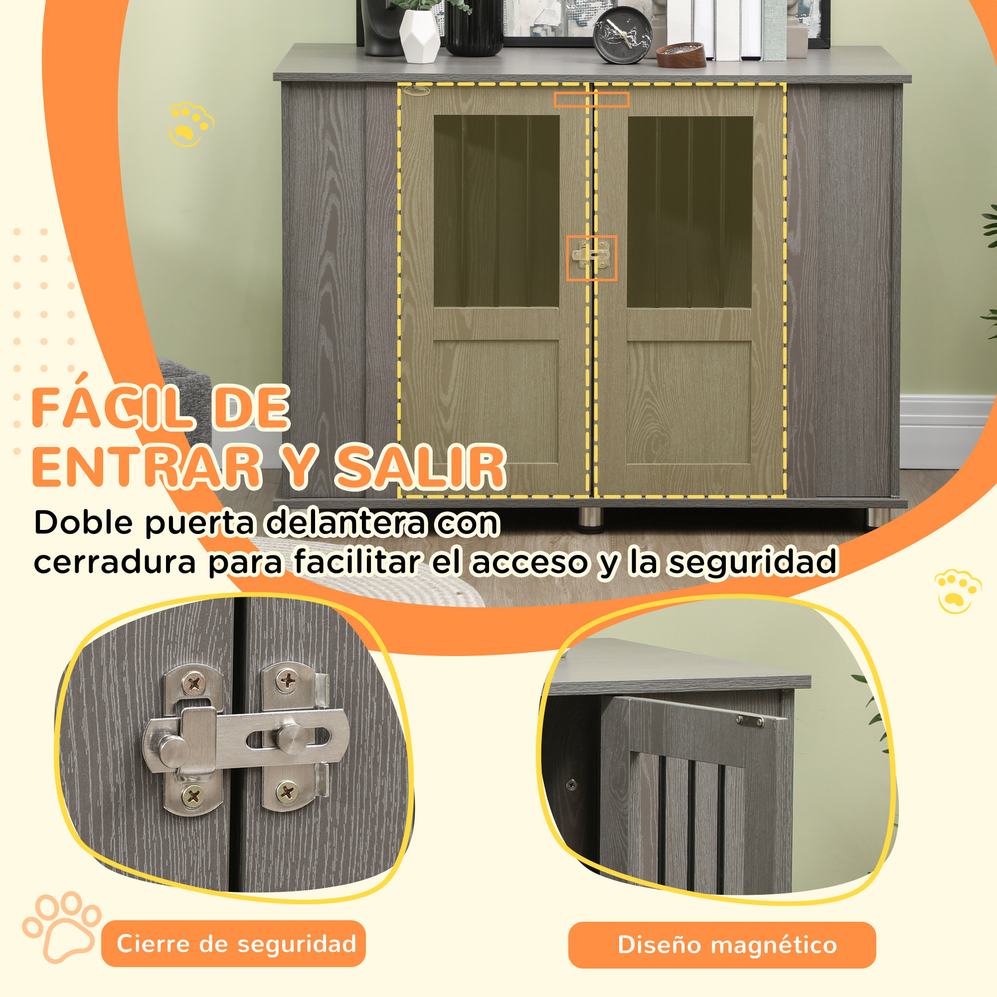 Jaula para Perros Grandes Desmontable 2 en 1 Mesa Auxiliar con 2 Puertas con Pestillo 4 Ventanas y Patas Ajustables 114x60x82 cm Gris