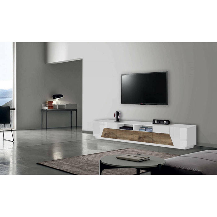 Mobile porta TV Asdrubale, Credenza bassa da soggiorno a 4 ante, Base porta televisione, 100% Made in Italy, cm 260x43h46, Bianco lucido e Acero