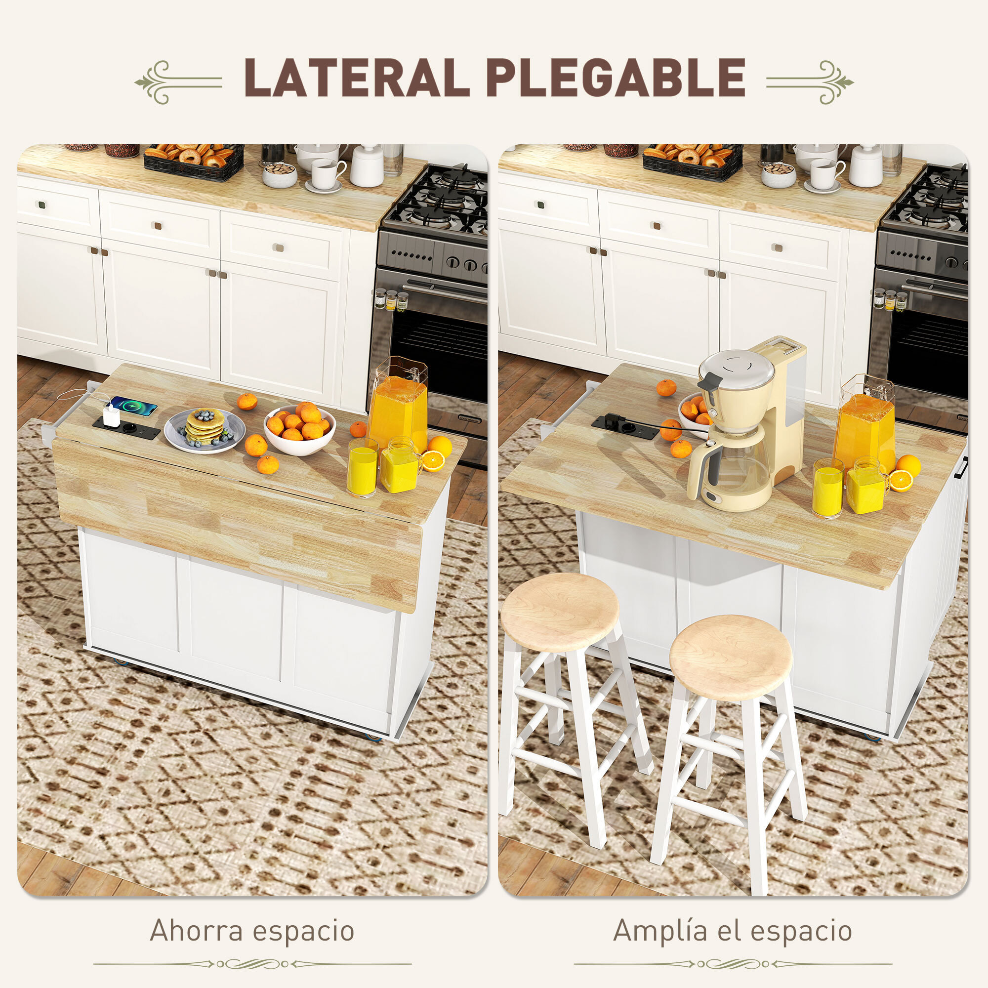 Isla de Cocina con Ruedas Carro de Cocina con Toma de Corriente USB Tablero Plegable 2 Cajones 2 Puertas Estante Ajustable Especiero y Toallero 119,5x74x94,5 cm Blanco