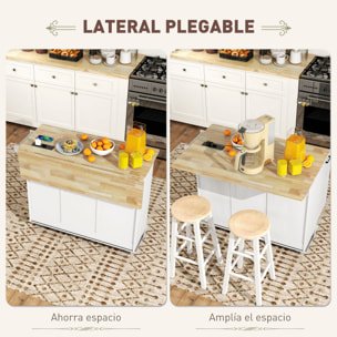 Isla de Cocina con Ruedas Carro de Cocina con Toma de Corriente USB Tablero Plegable 2 Cajones 2 Puertas Estante Ajustable Especiero y Toallero 119,5x74x94,5 cm Blanco