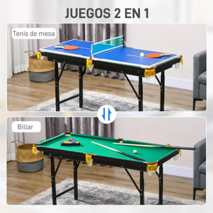 2 en 1 Mesa Multijuegos para Niños de 6+ Años Mesa de Billar Ping Pong Plegable con Altura Ajustable 140x63x60-80 cm Multicolor