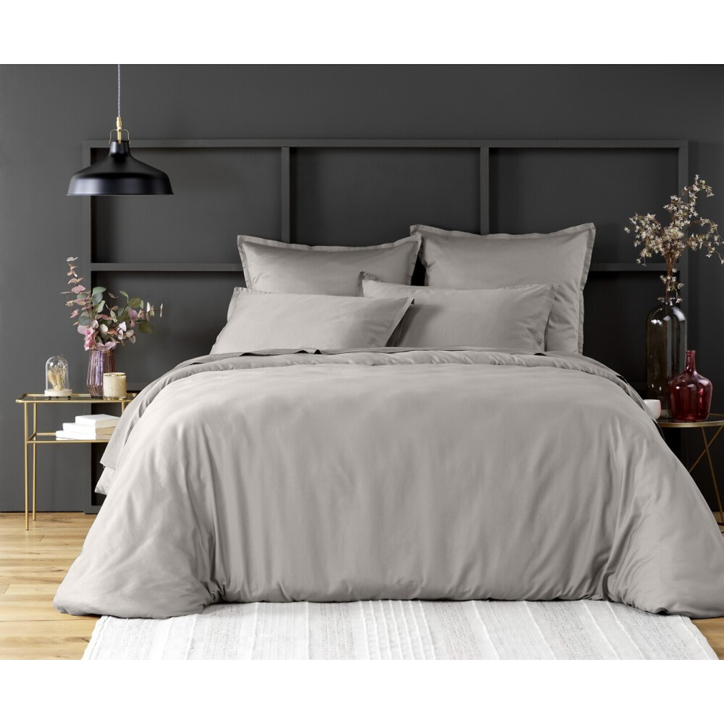 Housse De Couette 100% Satin de Coton lavé 105 Fils Gris Clair