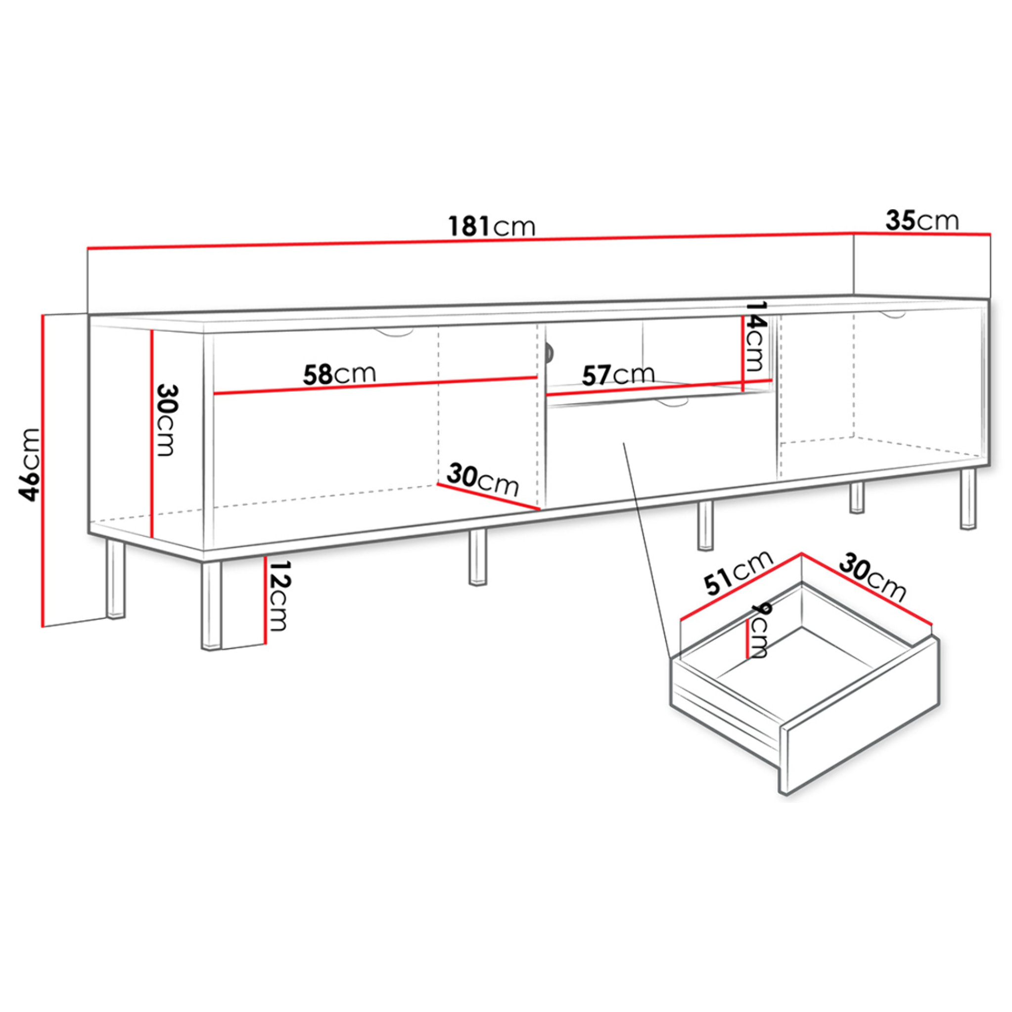 Hope - meuble tv 181 cm - 2 portes et 1 tiroir - Blanc / Doré