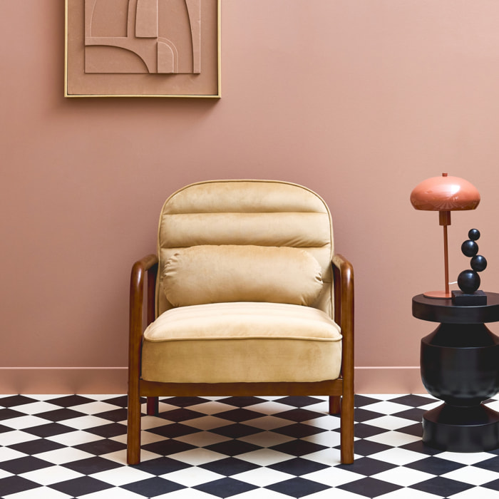 Fauteuil scandinave bois d'hévéa teinté noyer et velours AMELIE