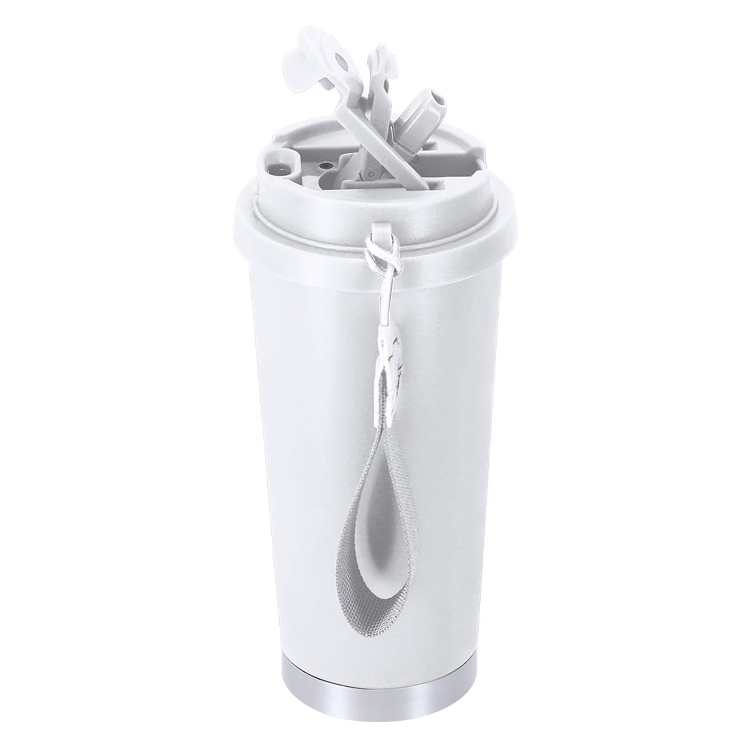 Bicchiere termico con capacità di 500 ml in Acciaio Inossidabile Riciclato. È dotato di un doppio sistema di bevanda: foro con chiusura ermetica e cannuccia integrata. Privo di BPA.