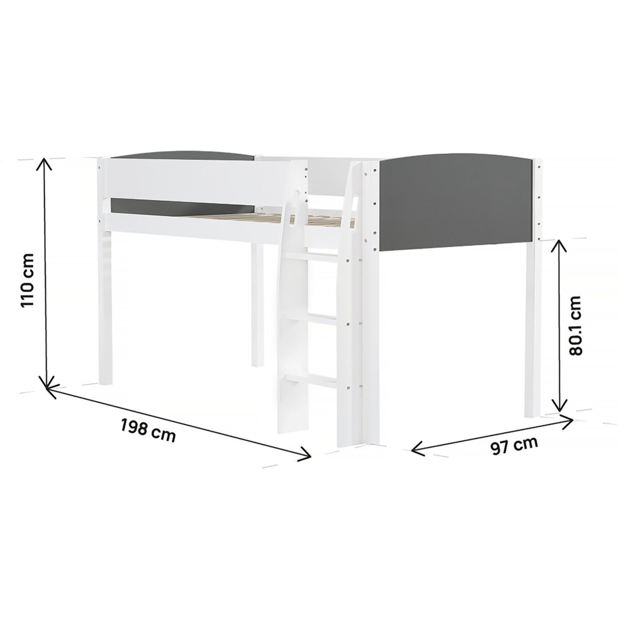 Lit mezzanine en bois pour enfant "Alia" - 90 x 190 cm - Blanc/Gris