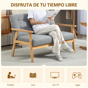 Sillón de 2 Plazas Sofá de 2 Plazas Tapizado en Lino con Reposabrazos de Madera Respaldo Acolchado Carga 250 kg Sillón para Salón Dormitorio Gris Claro