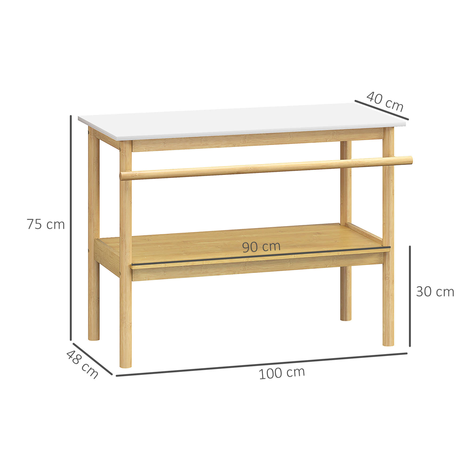 Étagère salle de bain style cosy bambou - 2 niveaux, porte-serviettes - dim. 100 x 48 x 75 cm - bois blanc