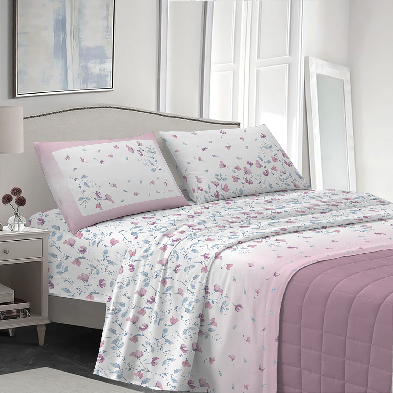 Completo letto pea flower rosa 100% cotone