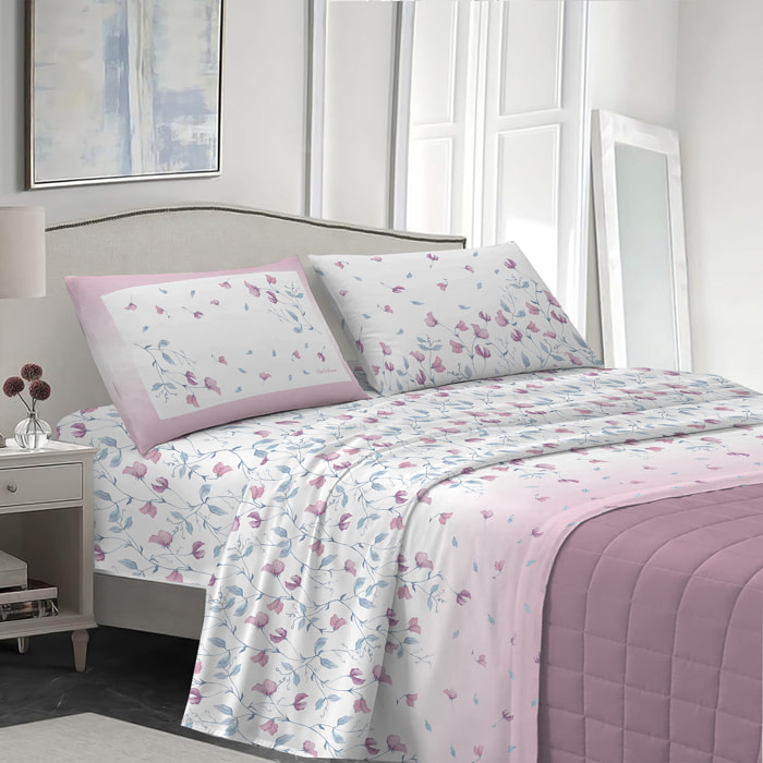 Completo letto pea flower rosa 100% cotone