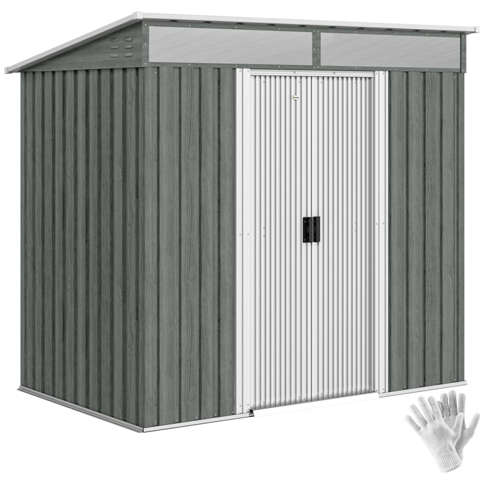 Caseta de Jardín Exterior 2 m² 195x122x181,5 cm Cobertizo de Jardín Exterior Metálica con Base SIN SUELO 2 Puertas Correderas Ventanas y Ganchos para Herramientas Gris Claro