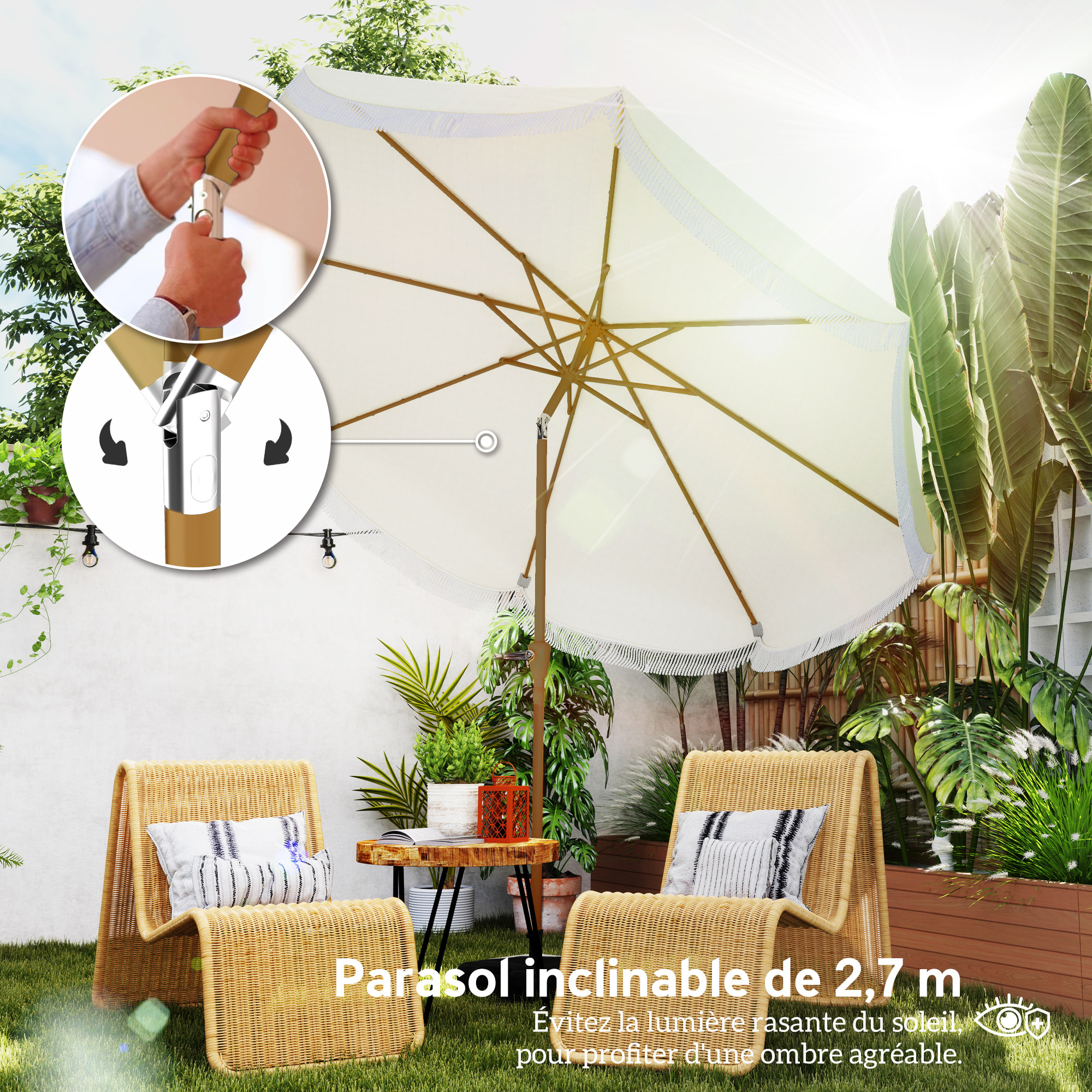 Parasol de jardin extérieur parasol inclinable rond Ø2,7 x 2,4 m parasol droit avec ouverture fermeture manivelle, franges, toile 180 g/m² protection UPF 30+, pour balcon, terrasse, bleu
