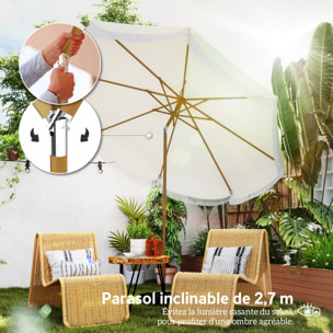 Parasol de jardin extérieur parasol inclinable rond Ø2,7 x 2,4 m parasol droit avec ouverture fermeture manivelle, franges, toile 180 g/m² protection UPF 30+, pour balcon, terrasse, bleu