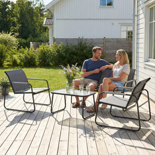 Conjunto de Jardín Exterior de 4 Piezas, Muebles Jardín Exterior con 1 Sofá de 2 Plazas, 2 Sillones y Mesa de Vidrio Templado, Estructura de Acero y Textilene Transpirable, Gris