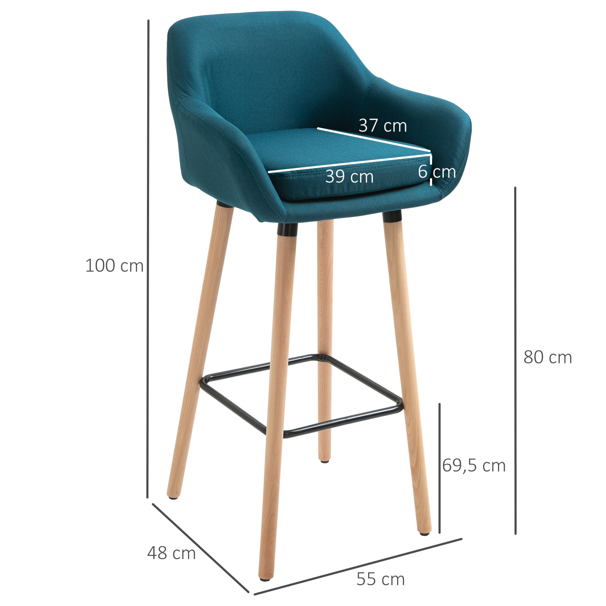 Tabourets de bar design scandinave - lot de 2 tabourets de bar grand confort avec repose-pieds et accoudoirs - bois de hêtre lin bleu canard