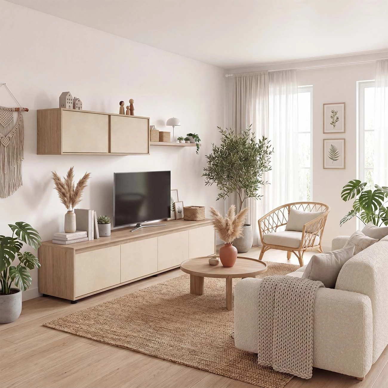Salón con mueble de TV y estantería en roble canadian y efecto microcemento beige 200 cm Arlet Roble Canadian - Microcemento Beige