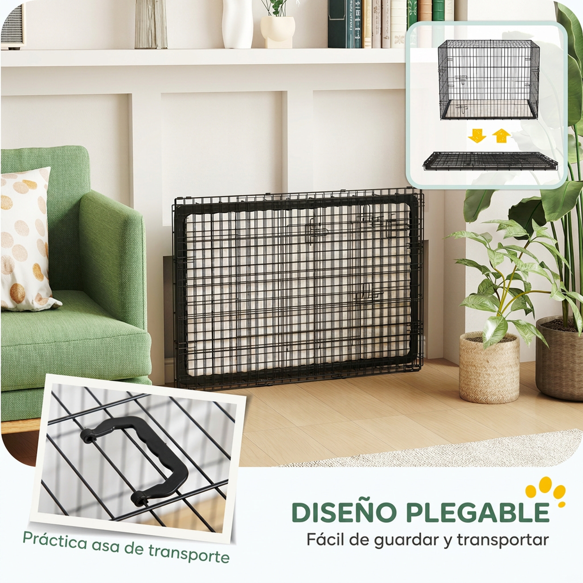 PawHut Jaula para Perros Plegable, Jaula para Perros Grandes con Cojín, 2 Puertas, Bandeja Extraíble y Marco de Alambre Metálico, 90x57,5x62 cm, Negro y Beige