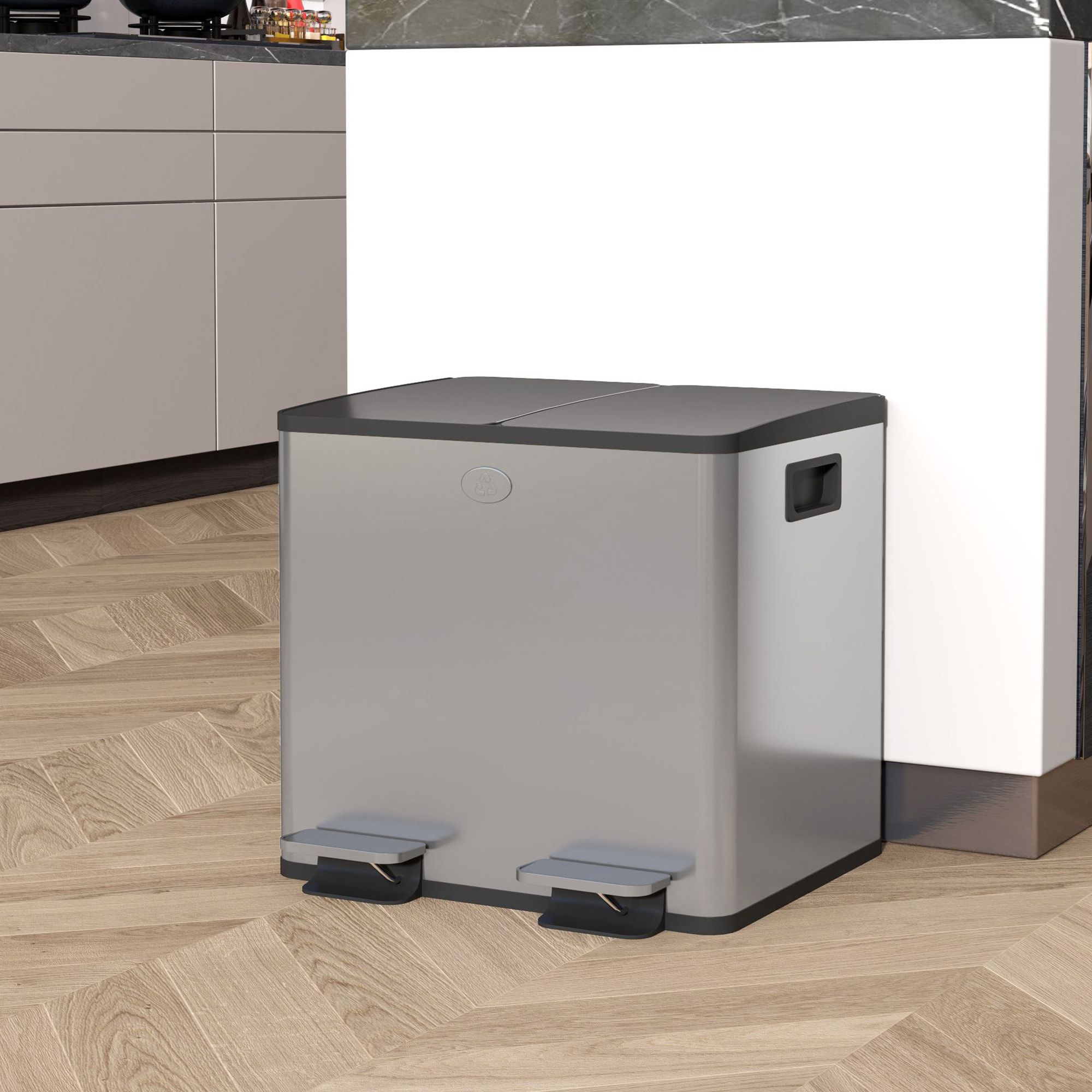 Cubo de Basura de Cocina con 2 Compartimentos 2x15L Papelera de Cocina de Acero Inoxidable con Pedales Tapas de Cierre Suave y Cubo Extraíble para Reciclaje Residuos Restos de Comida Plata