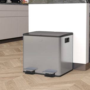 Cubo de Basura de Cocina con 2 Compartimentos 2x15L Papelera de Cocina de Acero Inoxidable con Pedales Tapas de Cierre Suave y Cubo Extraíble para Reciclaje Residuos Restos de Comida Plata