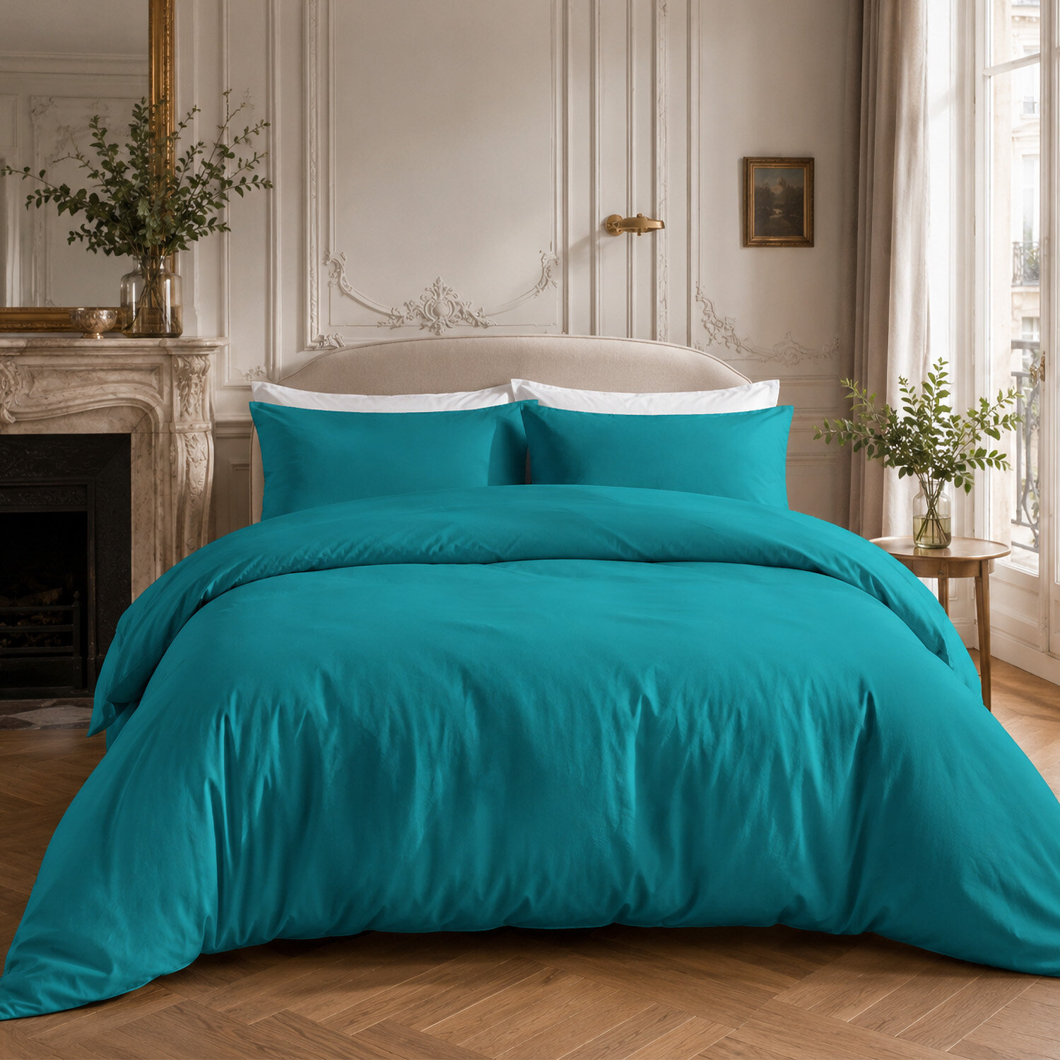 Drap housse 100% percale de coton bleu sarcelle- Finesse