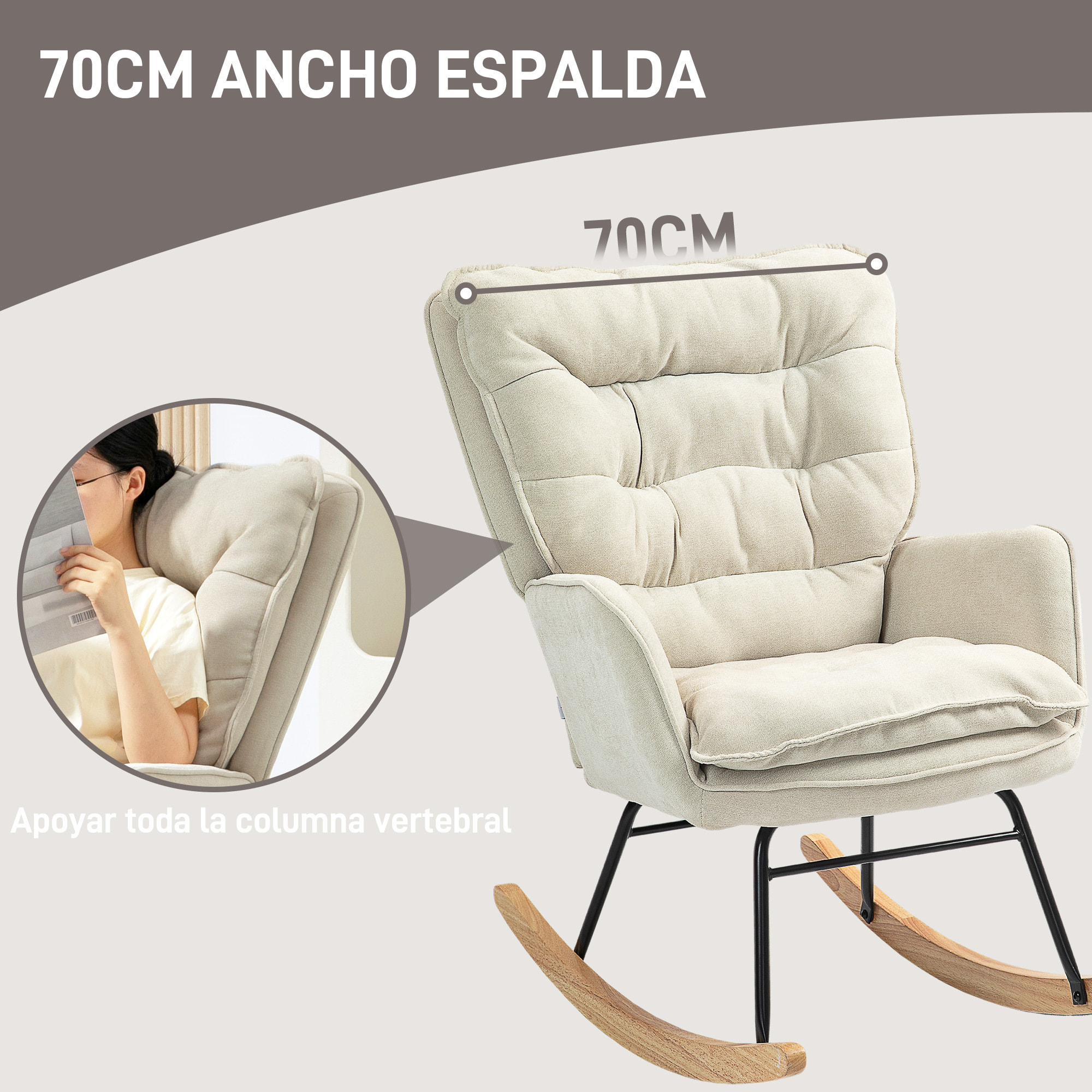 Mecedora Tapizada en Chenilla Silla Mecedora con Patas de Madera de Haya y Reposabrazos Mecedora para Lactancia Carga 120 kg para Dormitorio Salón Beige