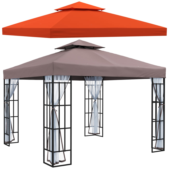 Conjunto de 1 Cenador de Jardín 3x3 m con Doble Techo 4 Mosquiteras Extraíbles Anti-UV y 1 Techo de Repuesto para Fiestas Eventos Café y Teja