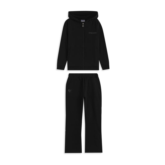 Tuta bambina con bande laterali, cappuccio e zip